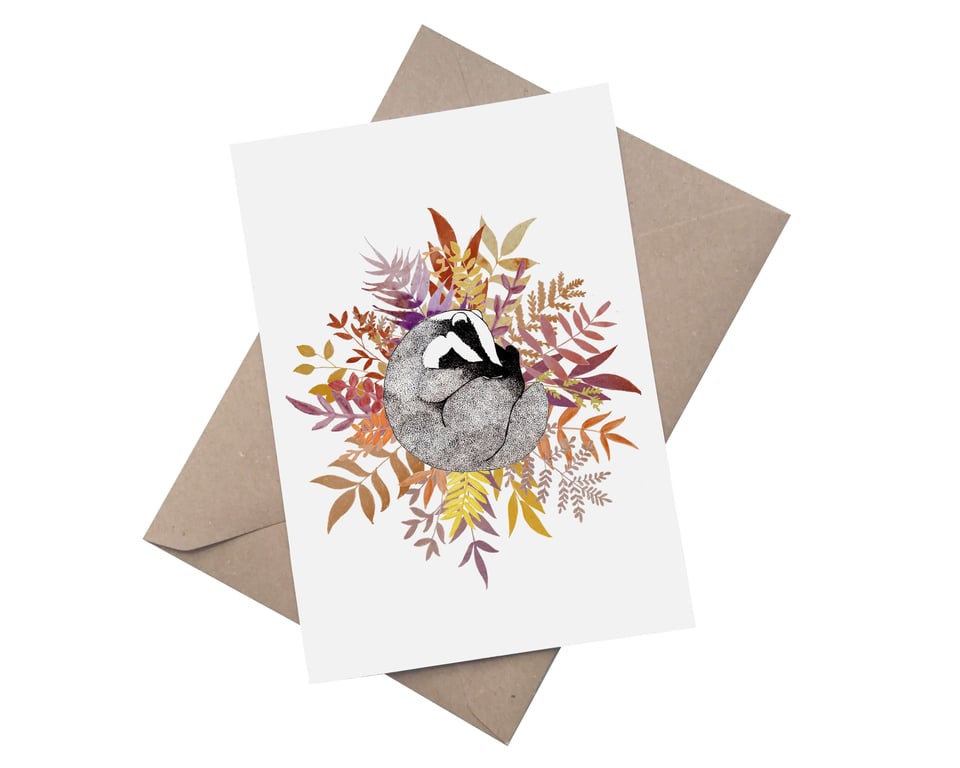 Sleepy Badger: Watercolour Woodland A5 Blank Greetings Card 