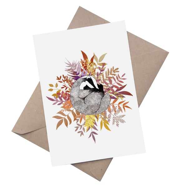 Sleepy Badger: Watercolour Woodland A5 Blank Greetings Card 