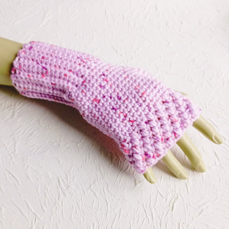 Non Wool Fingerless Gloves in a Pinky Lilac Flecked Yarn, Acrylic Handwarmers