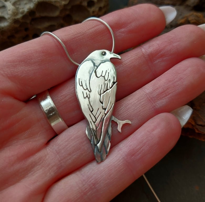 Silver small raven necklace , handsawn raven crow pendant