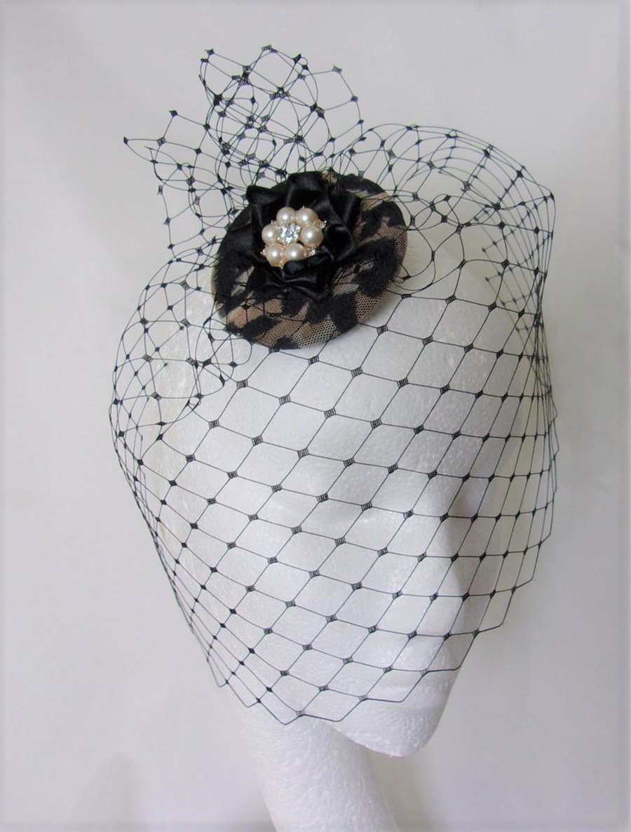 Small Retro Style Leopard Print and Black Merry Widow Clip in Veil Headpiece