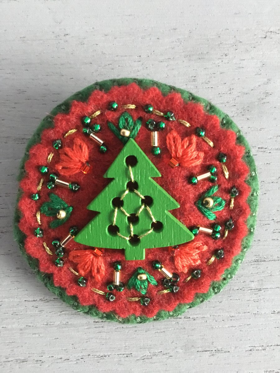 Hand Embroidered Festive Christmas Tree Brooch