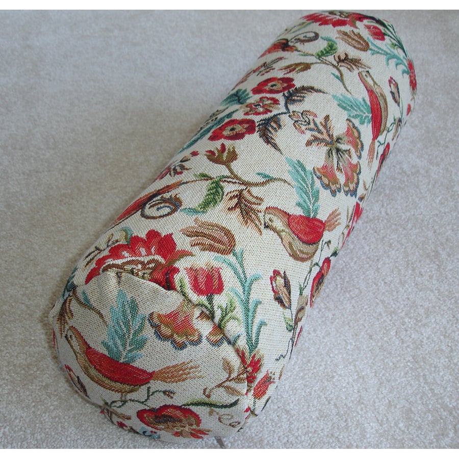 Bolster Cushion Cover 16"x6" Birds Gold 6x16 Round Cylinder Tapestry Red