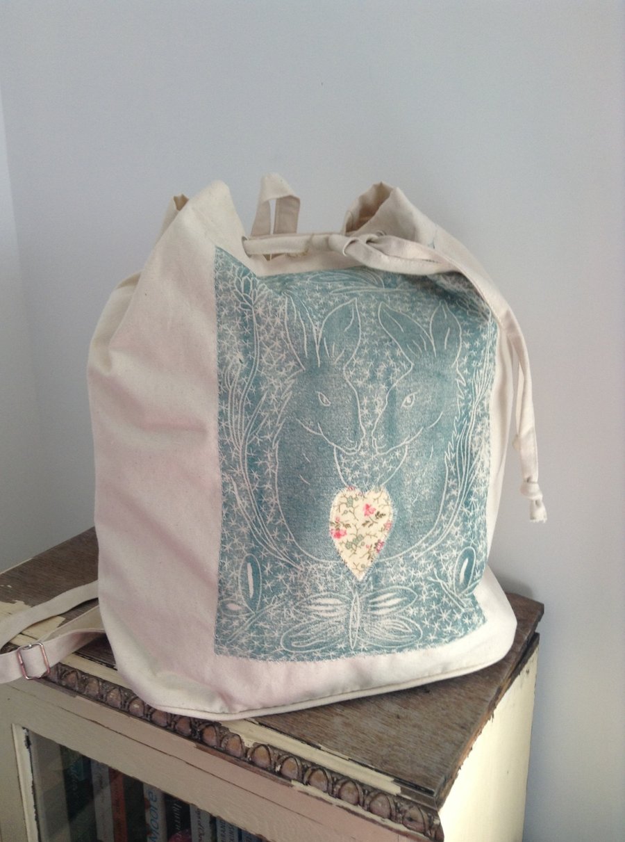 SALE...Hand printed hare canvas backpack 