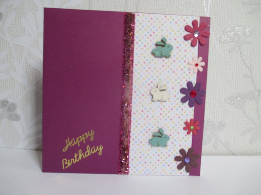 Bunny Rabbit Happy Birthday Greetings Card Purple White Green Flowers Floral