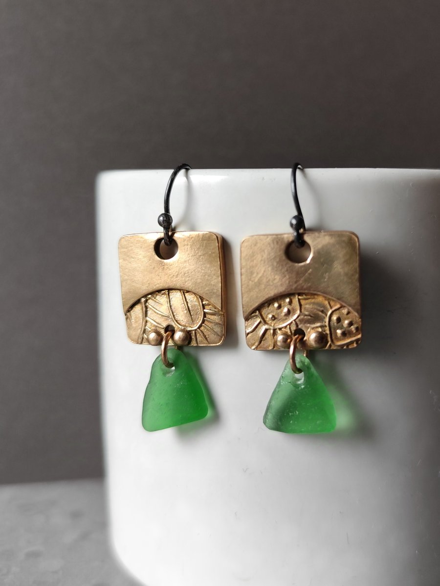 Square Bronze and seaglass drop earrings, recycled material