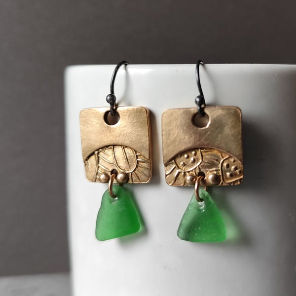 Square Bronze and seaglass drop earrings, recycled material