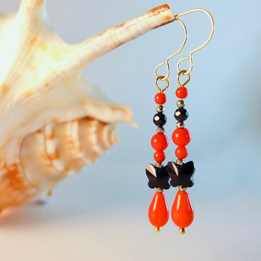 Red Bamboo Coral Earrings With Crystal Butterfly & Black Spinel - Handmade Gift