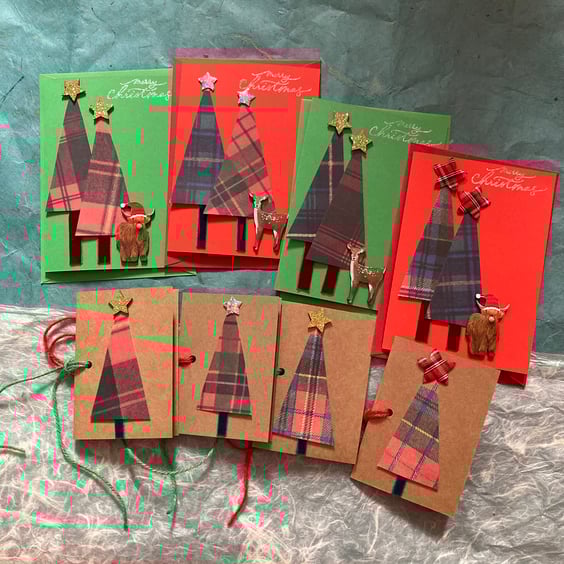 Tartan tree Christmas cards and matching gift tags