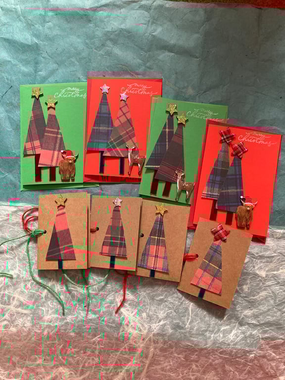 Tartan tree Christmas cards and matching gift tags