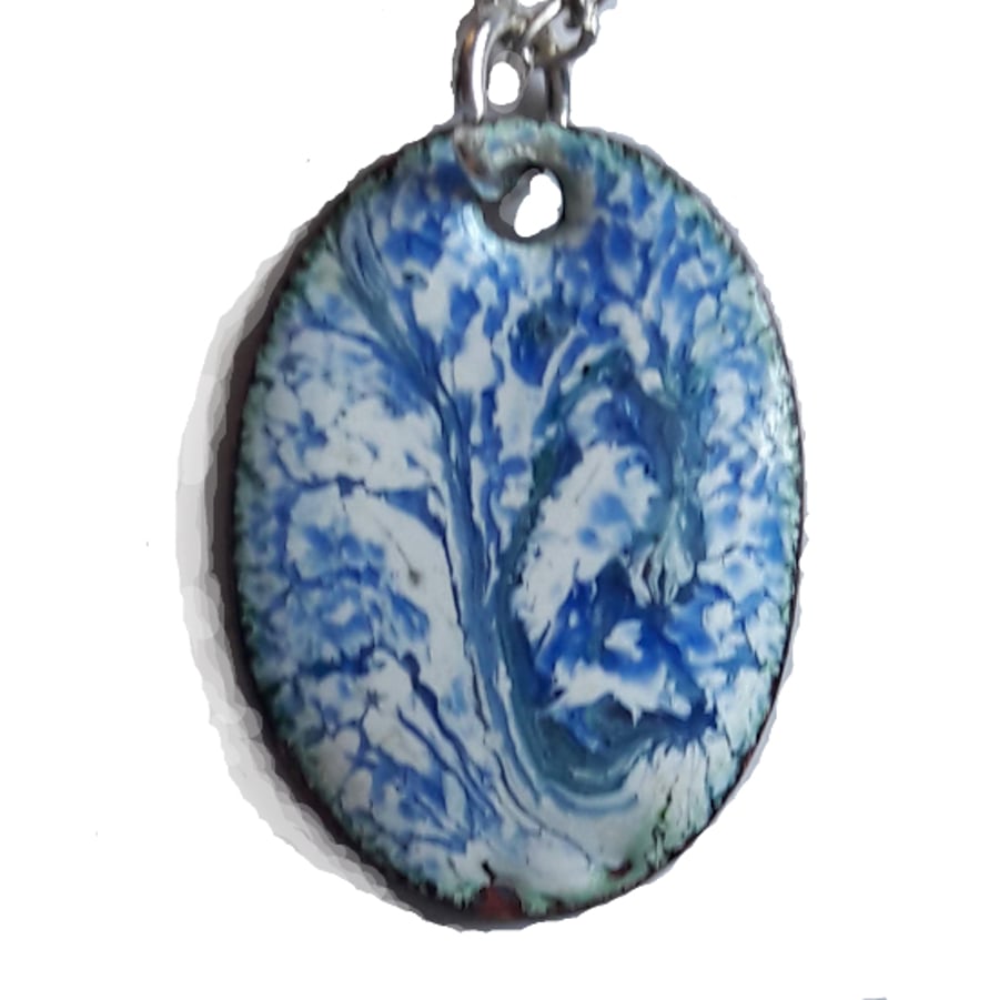 small oval pendant - scrolled blue over white enamel