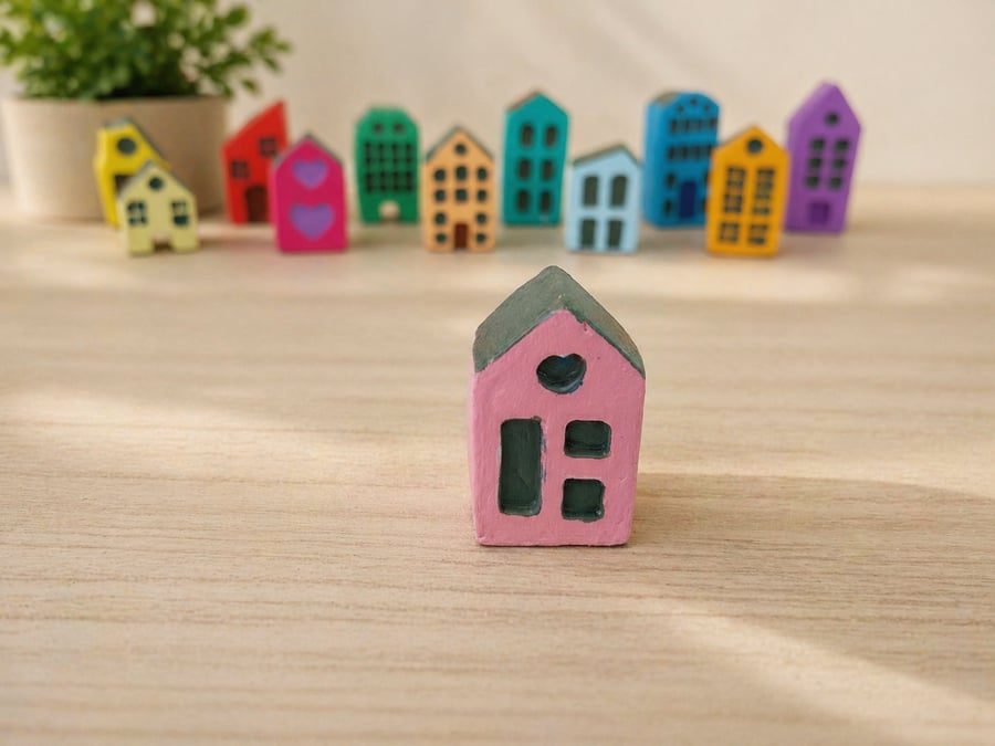 Handmade Mini Clay House - Pink Painted Village Decor
