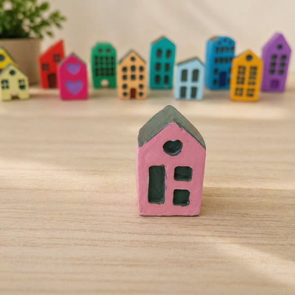Handmade Mini Clay House - Pink Painted Village Decor