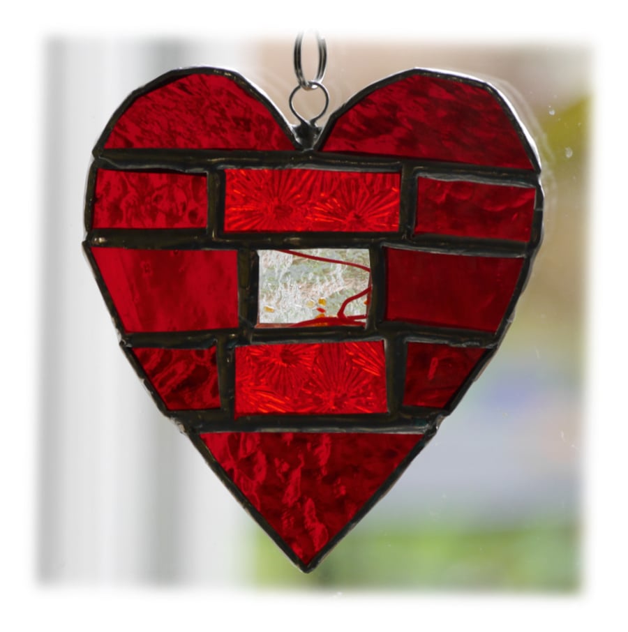 Love Heart Bricks Stained Glass Suncatcher Red 007