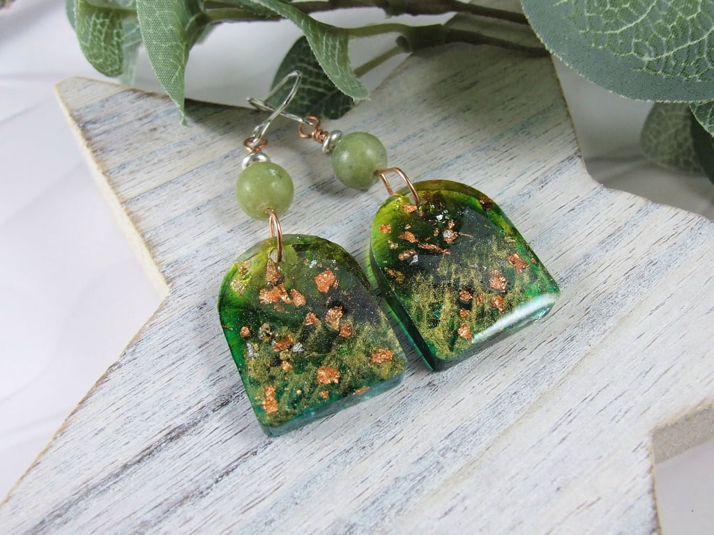 Earrings, Sterling Silver and Eco Resin Art. Spring Green With Copper & Jade