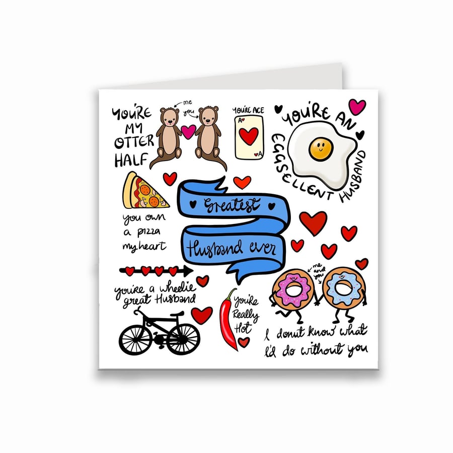 Husband valentines card with cute and punny illustrations
