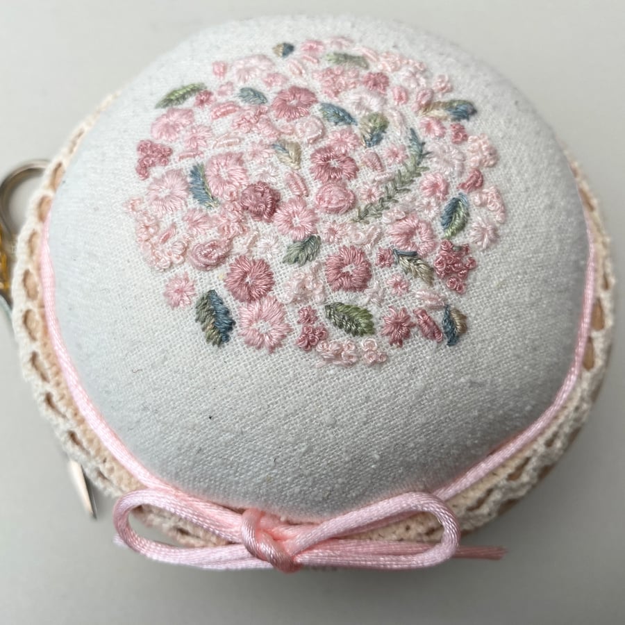 Pin cushion, hand embroidered pincushion, sewing gift