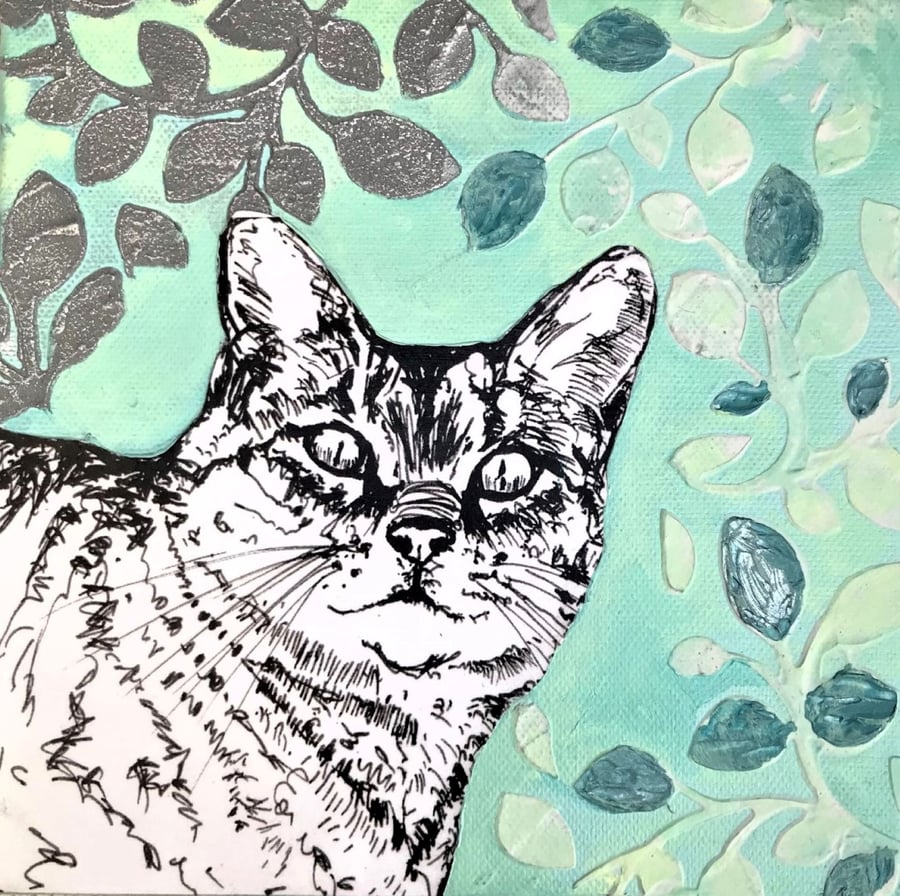 Bengal Tabby Cat 3D Textured Canvas Altered Art 8 x 8 inches Perfect Gift