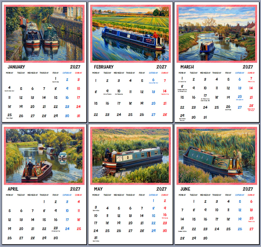 2027 Calendar Narrow Canal House Boats A4 Size Wall Hanging 