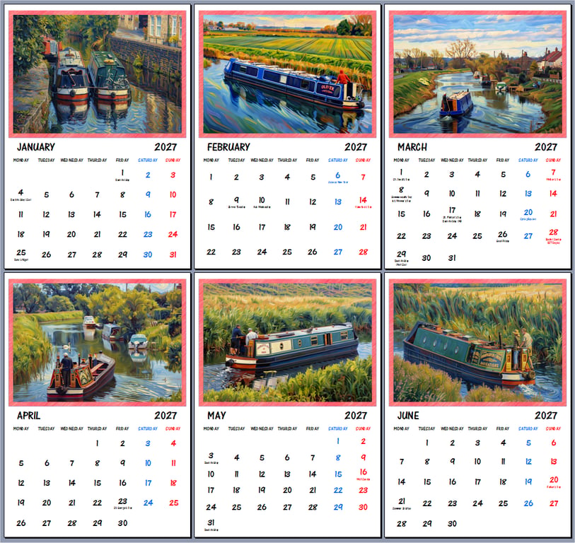 2027 Calendar Narrow Canal House Boats A4 Size Wall Hanging 