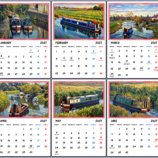 2027 Calendar Narrow Canal House Boats A4 Size Wall Hanging 
