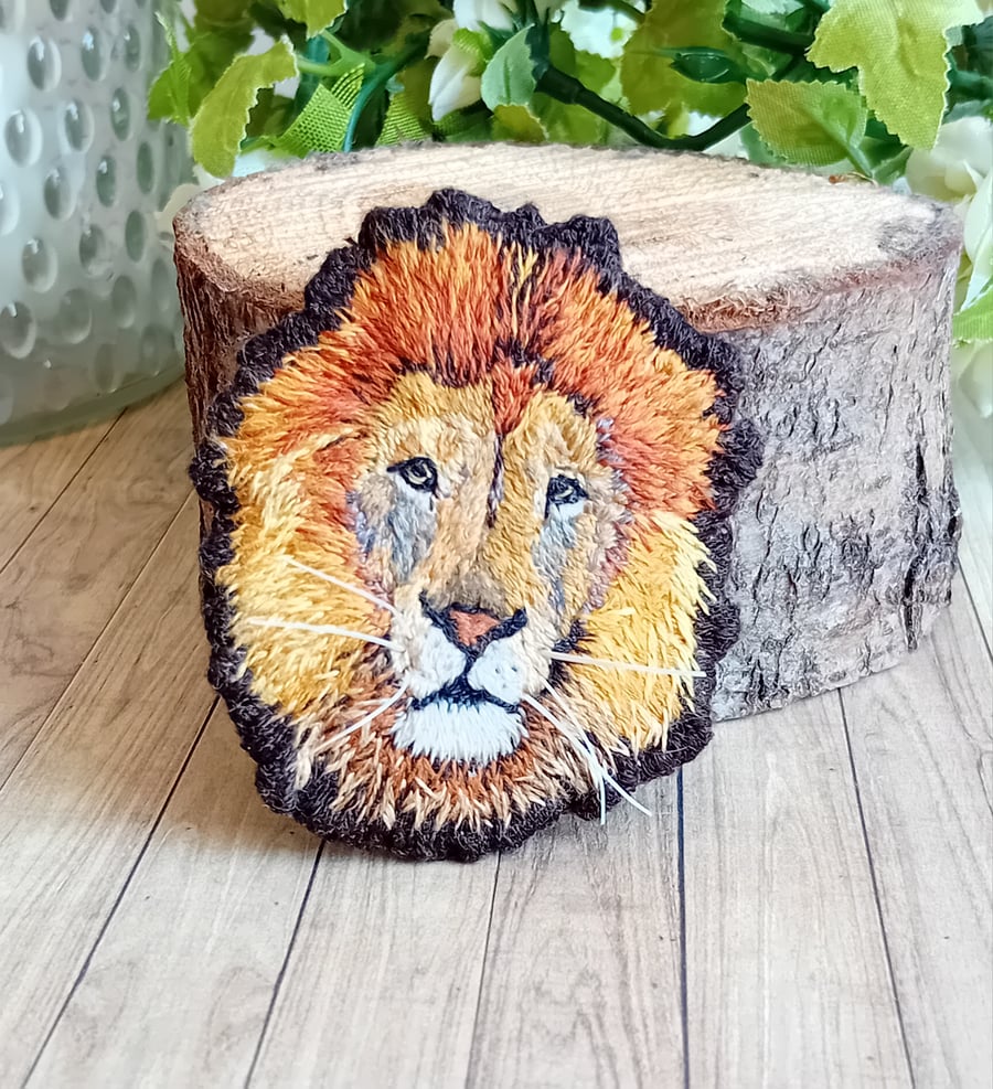 Hand Embroidered Lion Brooch