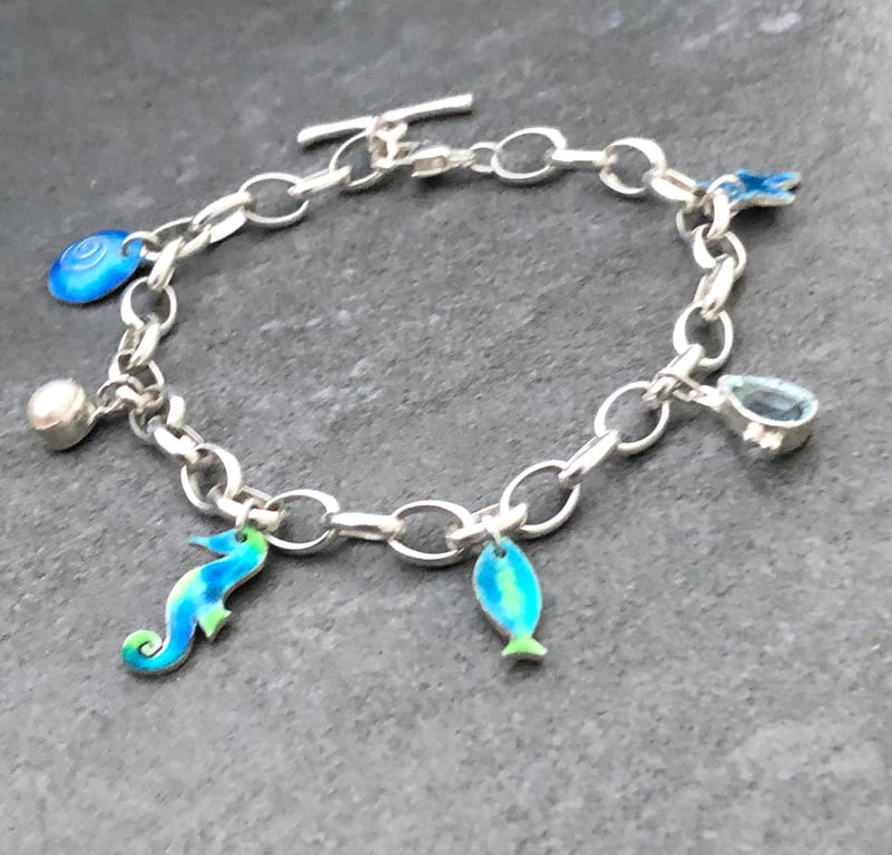Silver Charm Bracelet, enamel bracelet, sea charm bracelet, enamel, aquamarine