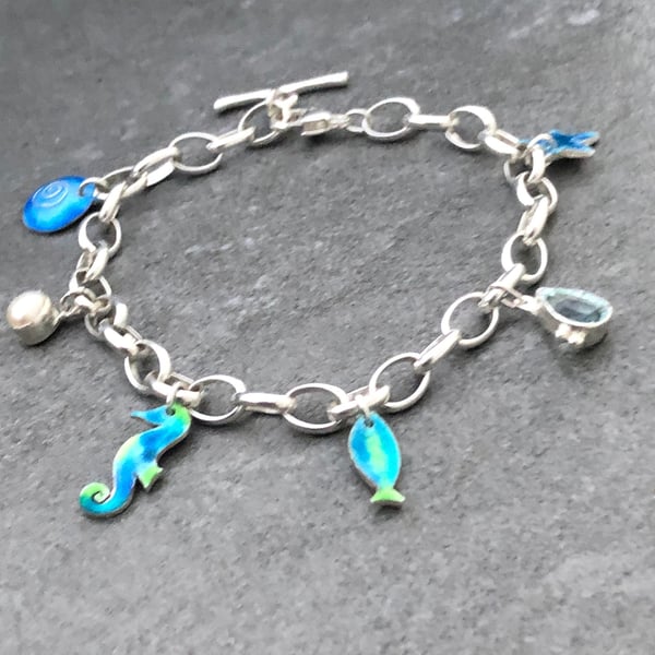 Silver Charm Bracelet, enamel bracelet, sea charm bracelet, enamel, aquamarine