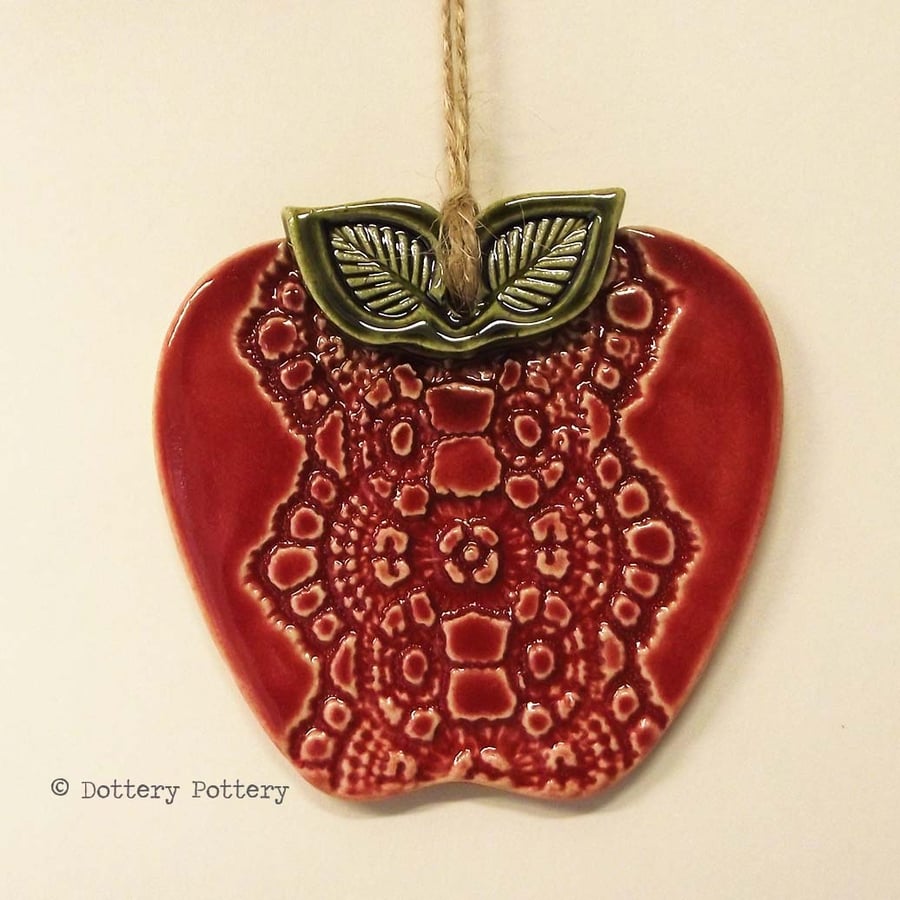 Pottery apple Folk art style red apple ceramic decoration lace print