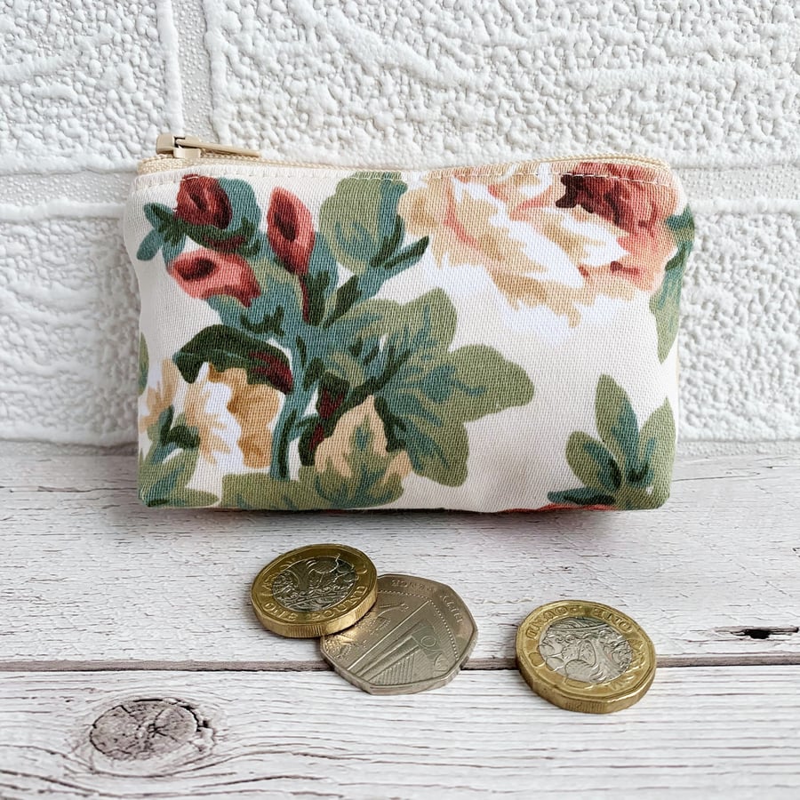Small Purse, Coin Purse with Peach and Green Floral Pattern