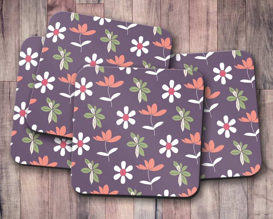 Set of 4 Purple with Floral Design Coasters