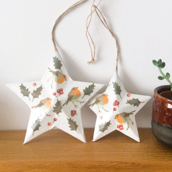 Robin Decoupage Christmas Tree Star Decorations Set of 2 (Set B)