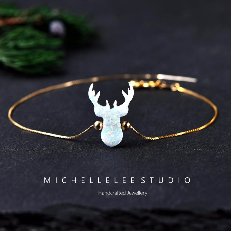 Stag Head Synthetic Opal Bracelet With 925 Sterling Silver Chain