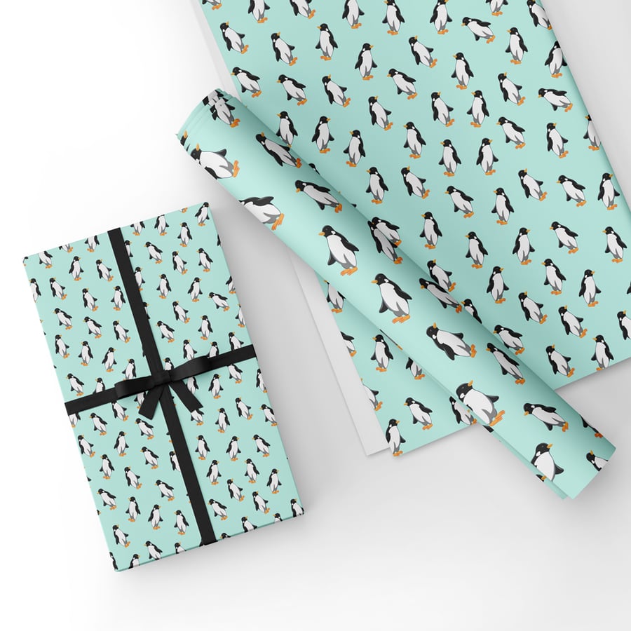 Gift Wrap Penguins-Mint, Penguins & Matching Gift Tag-Wrapping Paper-LG12