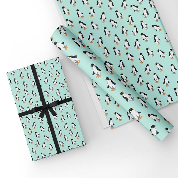 Gift Wrap Penguins-Mint, Penguins & Matching Gift Tag-Wrapping Paper-LG12