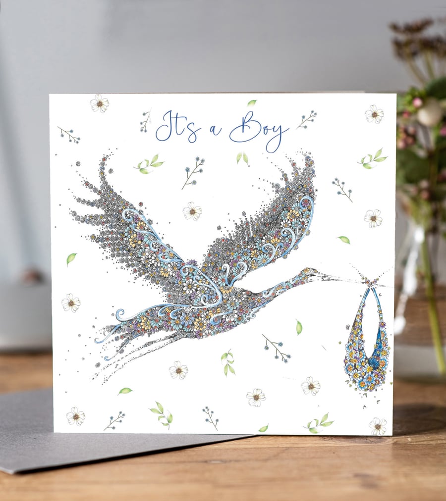 New baby boy Blue floral stork greeting card