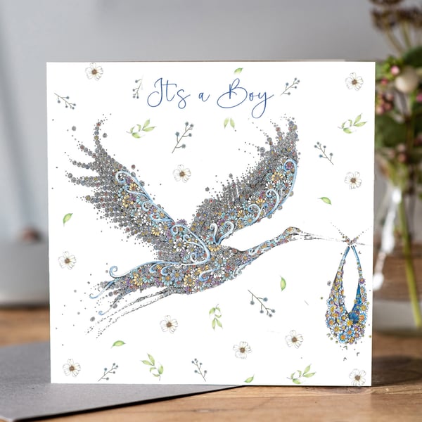 New baby boy Blue floral stork greeting card