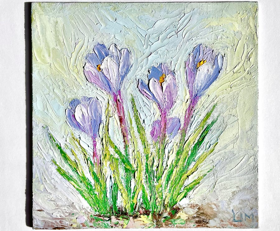 Floral Painting Crocus Flower Impasto Original Wildflower Wall Art Small Oil Bot
