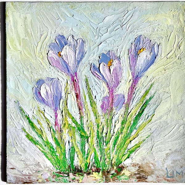 Floral Painting Crocus Flower Impasto Original Wildflower Wall Art Small Oil Bot