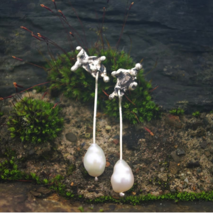 Textured Silver Earrings with Freshwater Pearl Drop