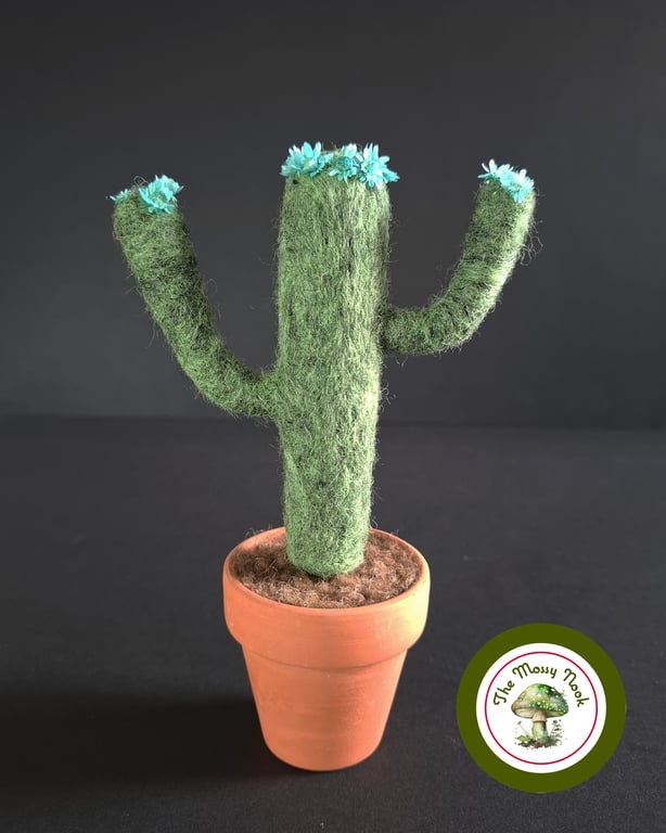 Needle Felted Saguaro Cactus in Real Terracotta Pot. With Blue Flowers.