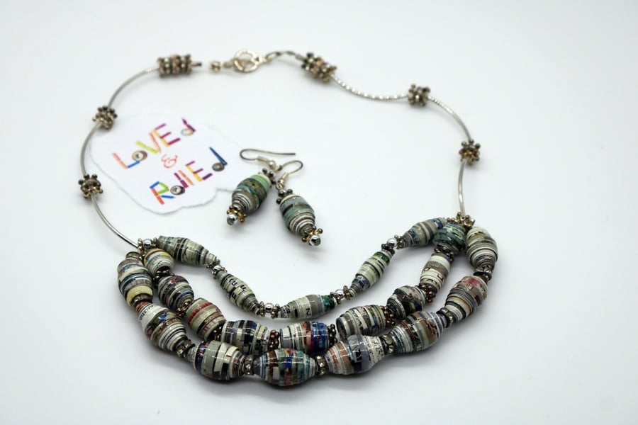 Paper beads strands Necklace and Earrings set Folksy
