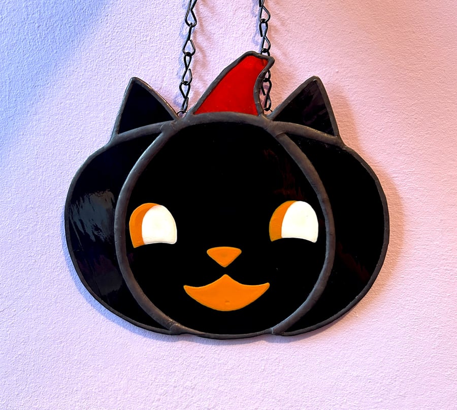 Vintage Halloween Black Cat Pumpkin Stained Glass