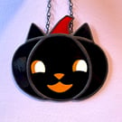 Vintage Halloween Black Cat Pumpkin Stained Glass