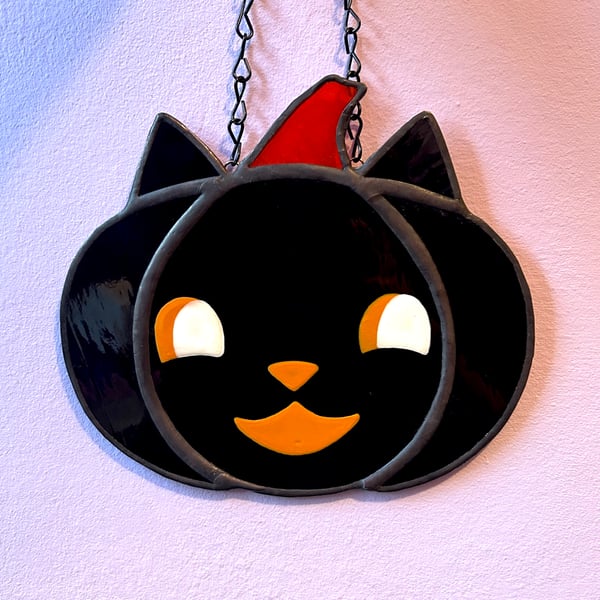 Vintage Halloween Black Cat Pumpkin Stained Glass