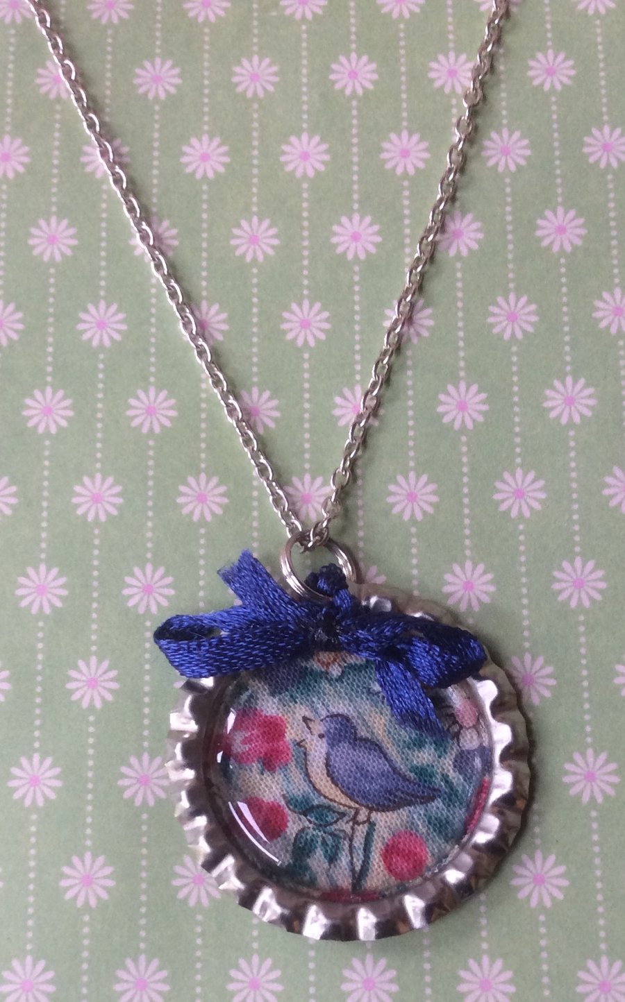 Pretty Blue Bird Bottle Cap Necklace