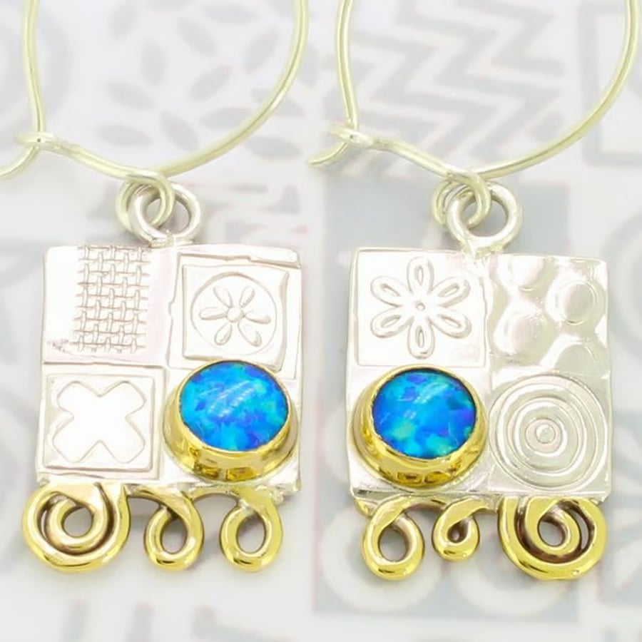 Handmade silver earrings, contemporary blue opal earrings, unusual, birthstone