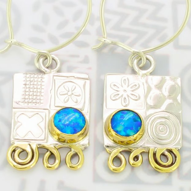 Handmade silver earrings, contemporary blue opal earrings, unusual, birthstone