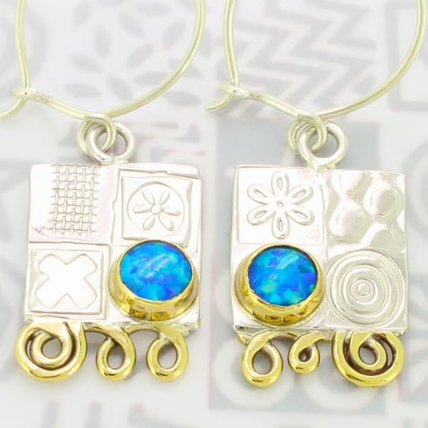 Handmade silver earrings, contemporary blue opal earrings, unusual, birthstone
