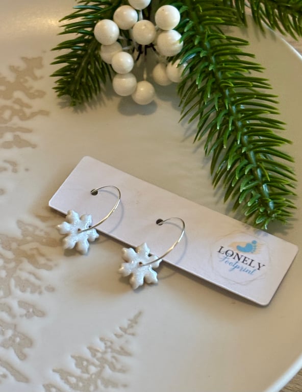 Pearl Snowflake Hoop Earrings - Polymer Clay Handmade Jewellery 